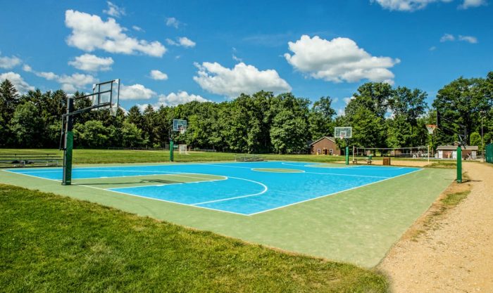 Basketball court with blue sky